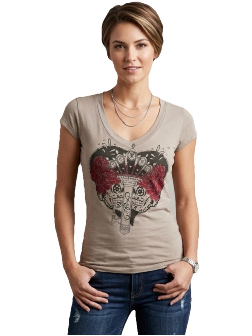 Key Closet Key Women’s Grey Swarovski Studded Short Sleeve Tee Size Small